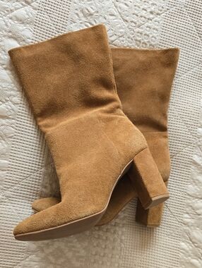Chinese Laundry Tan Camel Suede Block Heel Mid-Calf Boots Normcore Fall 10